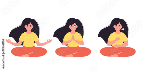 Woman meditating in lotus pose. Healthy lifestyle, yoga, relax, breathing exercise. World yoga day. Hand drawn vector illustration