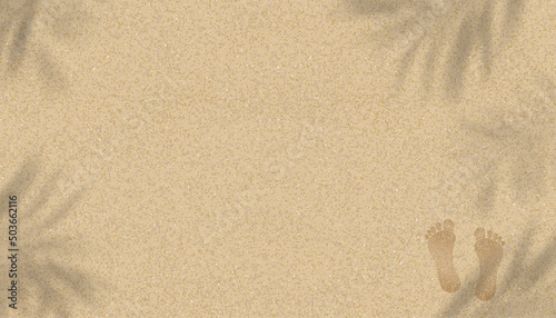 Sandy Beach Texture background with Palm leaf shadow and Footprints of human feet, Vector illustration Backdrop Brown Beach sand dune with barefoot for Summer banner background.