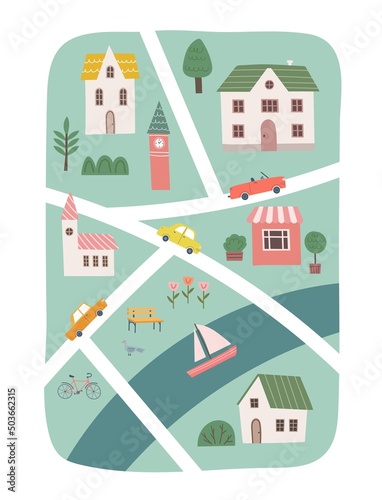 Cute town map for kids design. Hand drawn vector illustration. Baby poster with cartoon roads, city, forest and river. Nursery concept for bedding.. photo