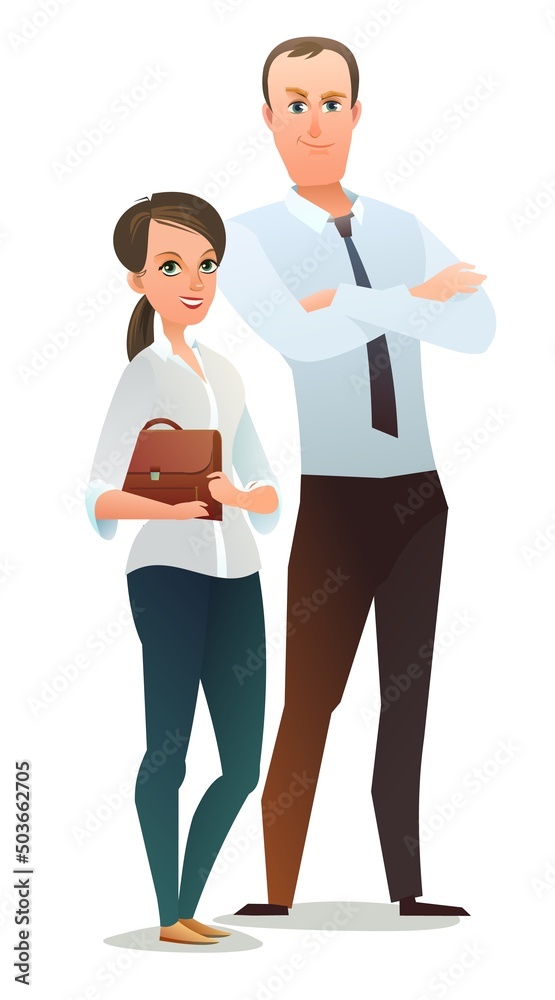 Family of Successful businessman. Cheerful persons in standing pose. Man and women in business shirt and tie. Cartoon comic style flat design. Illustration isolated on white background. Vector Family of Successful businessman. Cheerful persons in standing pose. Man and women in business shirt and tie. Cartoon comic style flat design. Illustration isolated on white background. Vector