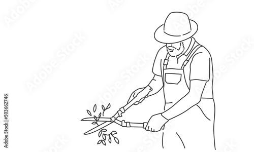 Gardener trim bushes or trees with pruner.