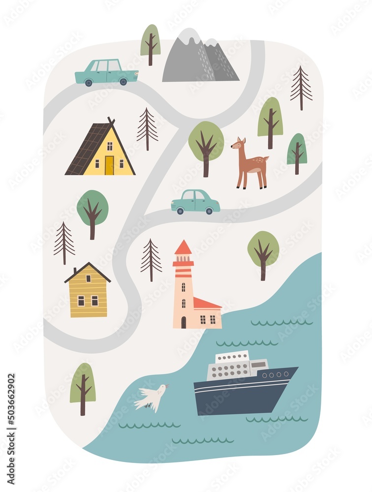 Fototapeta premium Cute town map and sea for kids design. Hand drawn vector poster. Baby illustration with cartoon roads, nature, camping, forest, mountain and animals. Nursery concept for bedding