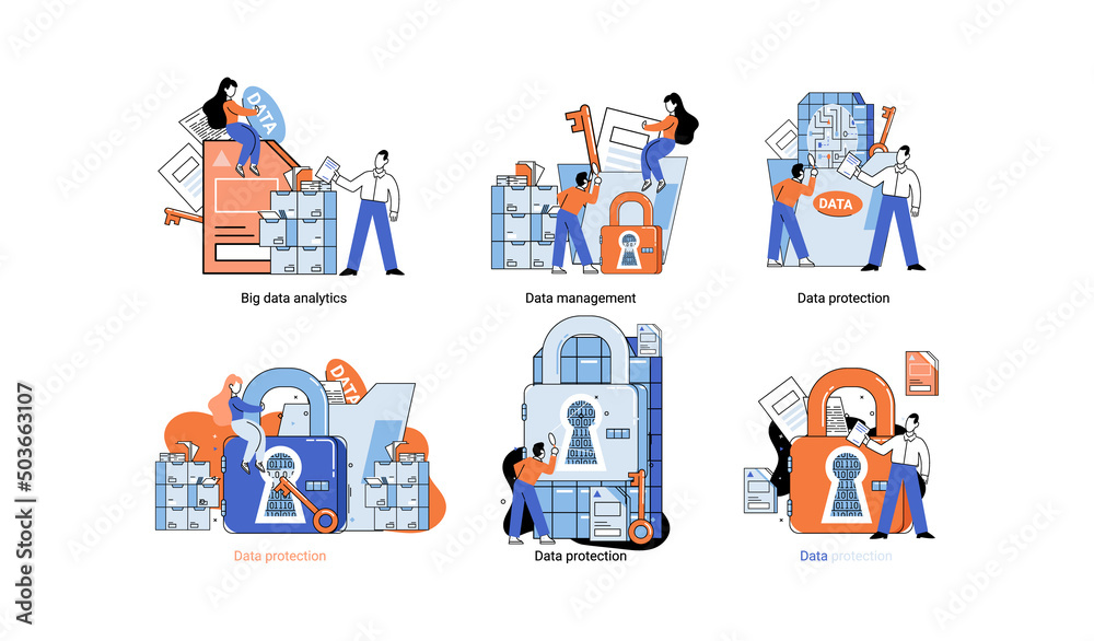 Big data analytics platform, data management and protection creative metaphor set abstract concept. Data center room disk infrastructure business information safety. Technology Internet and network Big data analytics platform, data management and protection creative metaphor set abstract concept. Data center room disk infrastructure business information safety. Technology Internet and network