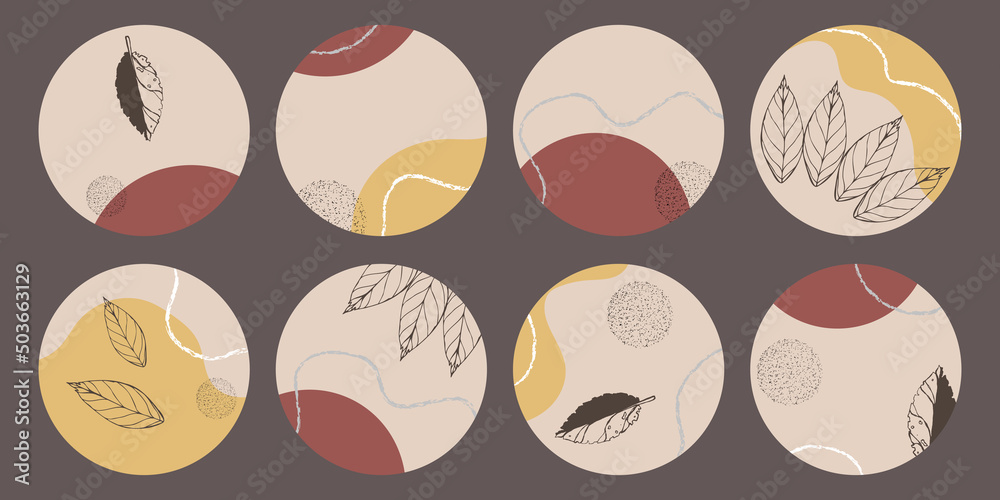 Abstract shapes, leaves in brown pastel colors. Highlight icons. Social media icons. Abstract shapes, leaves in brown pastel colors. Highlight icons. Social media icons.