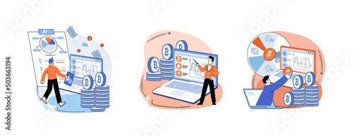 Cryptocurrency bitcoin mining metaphor Blockchain exchange platform. Cyber banking procedures, bitcoin trading, wallet. Ecurrency transactions. Digital currency, cryptocurrency market, hidden mining