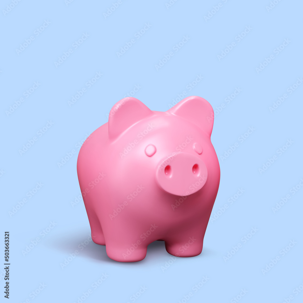 Piggy bank. Pink pig isolated on blue background. Piggy bank concept of money deposit and investment