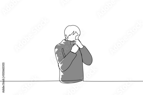 man in a jacket hides his mouth in his collar - one line drawing vector. the concept of hiding a cough or bad breath, whispering into a microphone, a spy speaks into a recording device