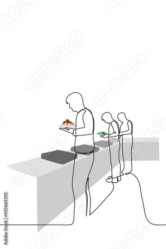 people with plates picking up their own food at the tables with containers - one line drawing vector. buffet concept, self service in cafeteria or canteen