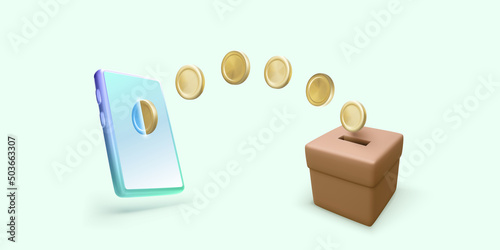 Falling gold coins from mobile phone to donation box. Banner or template for mobile app or online donation service