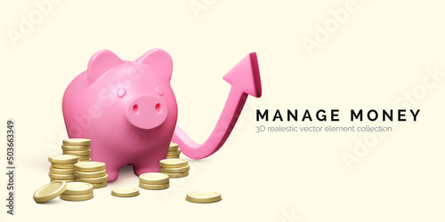 Piggy bank with stack of gold coins and growth up arrow. Money management. 3D realistic pig and money stack. Finance investment and business concept