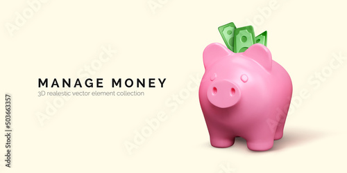 3D realistic piggy bank. Pink pig isolated. Business concept of money deposit and investment for web banner or poster