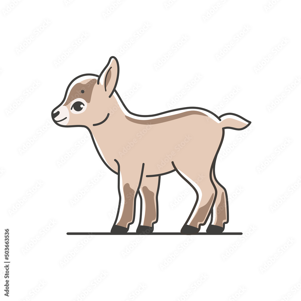 Illustration of cute baby goat cub. Simple vector illustration for emblem, badge, insignia.