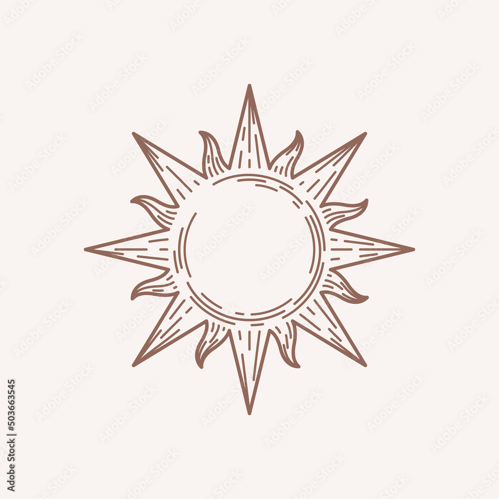 Sun symbol in boho style. Trendy geometric emblem. Modern abstract linear composition and graphic design element. Sun symbol in boho style. Trendy geometric emblem. Modern abstract linear composition and graphic design element.