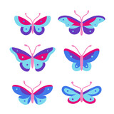 Different type of butterfly. Contour colorful geometric vector illustration for prints, clothing, packaging, stickers, logo, emblem.
