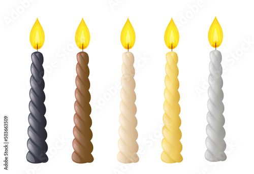 Spiral candles with fire for birthday, romantic date, festive decoration, religion event. Twisted wax sticks with burning wick. Vector cartoon set of gold, silver, black and brown candles with flame