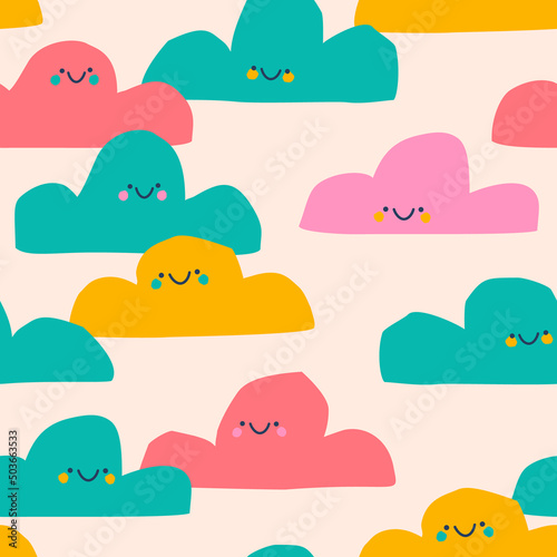 Abstract cloud characters with smiles, happy doodle faces background in blue colors