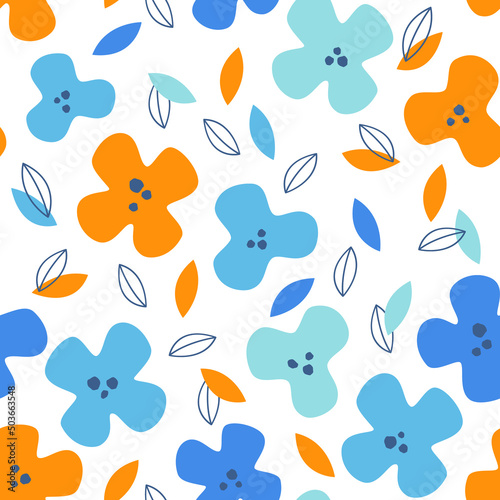 Cute flowers abstract seamless pattern. Childish floral background. Funny flowers and colorful leaves repeat.