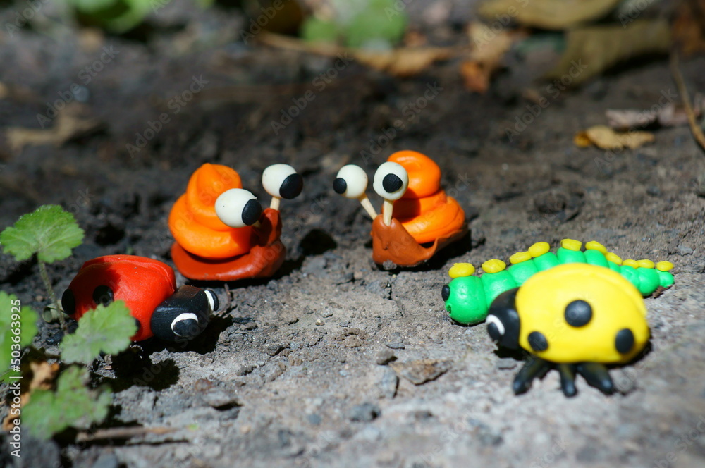 Insect figurines close-up. Toy fairy-tale animals. Insect figurines close-up. Toy fairy-tale animals.