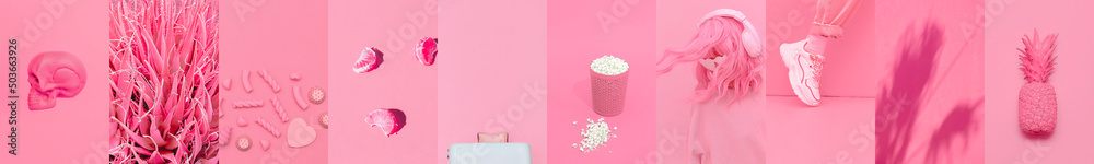 Set of trendy aesthetic photo collages. Minimalistic images of one top color. Pink moodboard