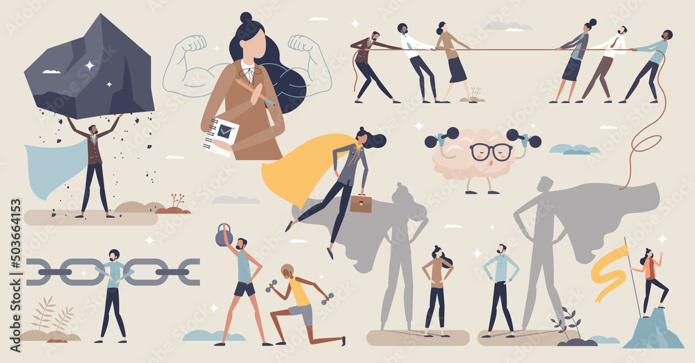 Strong people set with leaders mental power elements tiny person collection. Successful female and businessman with confidence, ambition and bravery items vector illustration. Everyday work superhero. - obrazy, fototapety, plakaty 