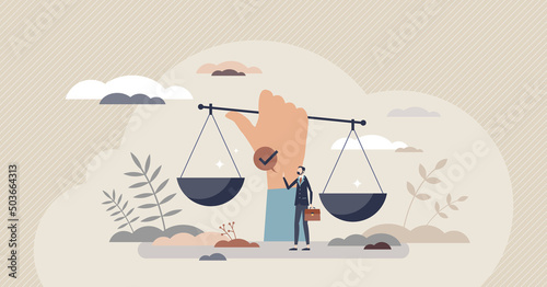 Social justice and equal rights for all society groups tiny person concept. Discrimination awareness and legal support for public community diversity tolerance vector illustration. Equal law scales. photo