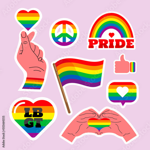 Pride LGBTQ sticker  set, Gay Pride Month, rainbow colors, Flat design signs isolated
