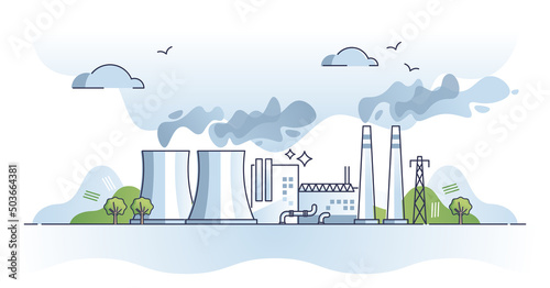 Energy generation plant example with atomic station model outline concept. Electricity production or water heating facility with fission method vector illustration. Reactor with cooling towers steam.