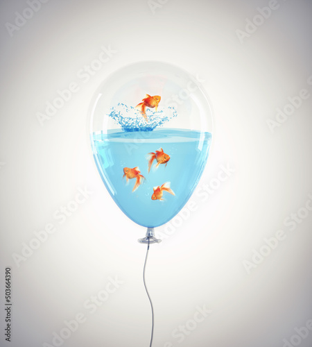 Canvas Print Golden fish inside a balloon with water.
