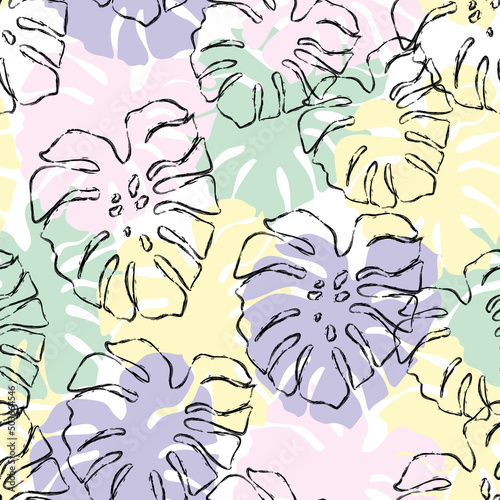 Abstract modern art illustration with tropical leaves grunge line art, colorf...