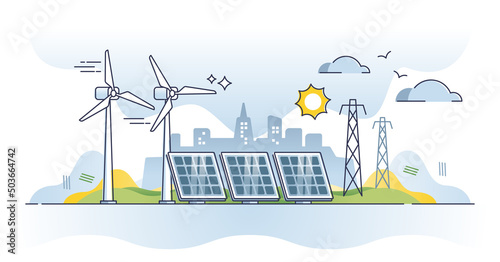 Sustainable energy generation with solar or wind sources outline diagram. Turbines or sun panels usage for environmental and ecological power production vector illustration. City electricity supply.
