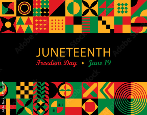 Juneteenth Independence Day Background. Black History Month. Freedom or Emancipation day. Annual American holiday June 19 poster. Horizontal banner vector illustration. Neo Geometric pattern concept photo