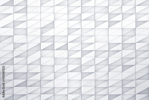 White isometric mosaic abstract background. Geometric triangle shapes moving up and down randomly 3d rendering