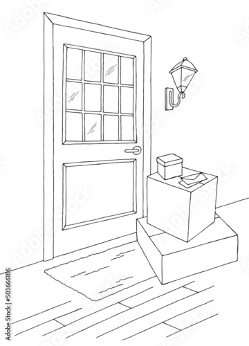 Parcels on the porch by the door graphic vertical black white sketch illustration vector