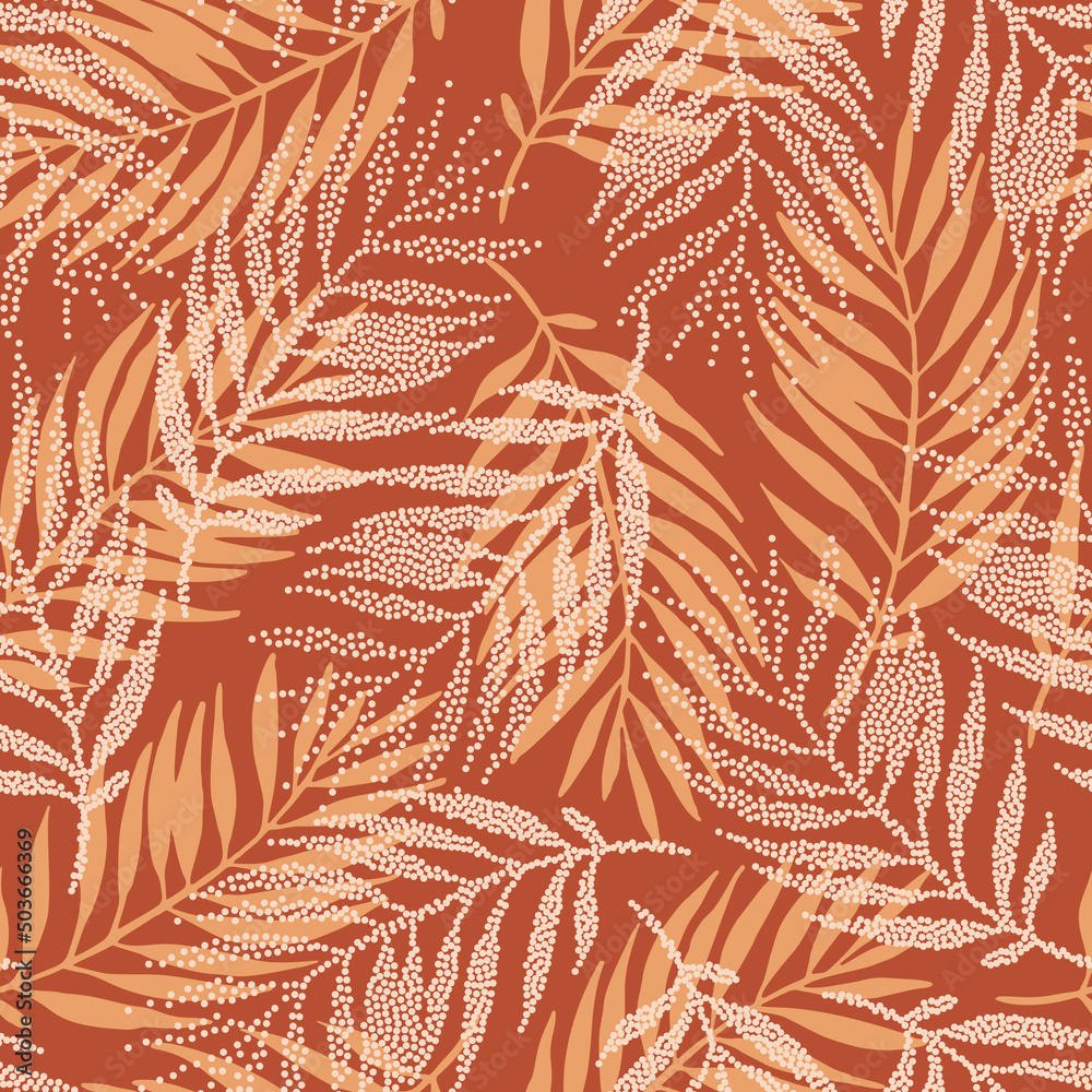 Tropical seamless pattern with dotted palm leaves silhouettes in retro colors