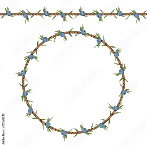 Seamless pattern and frame of the cord with juniper. Isolated objects on white.
