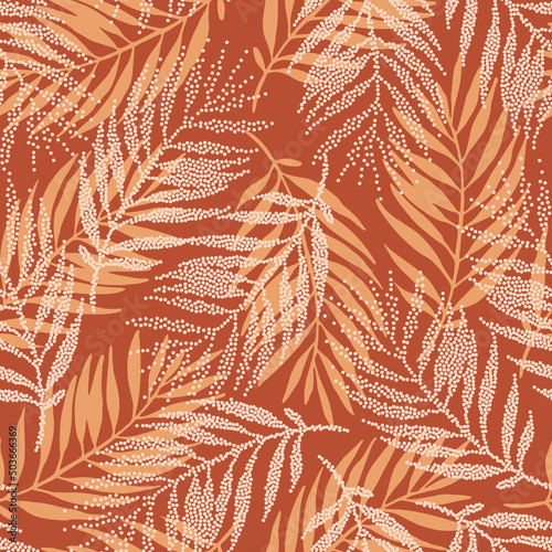 Tropical seamless pattern with dotted palm leaves silhouettes in retro colors