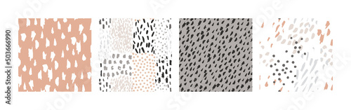 Hand drawn brush strokes seamless pattern set. Abstract hand painted dots, spots, dashes, lines background