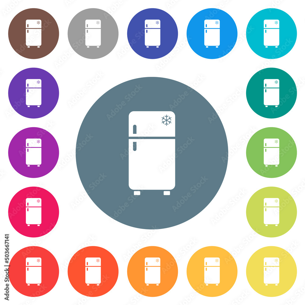 Refrigerator with freezer flat white icons on round color backgrounds Refrigerator with freezer flat white icons on round color backgrounds