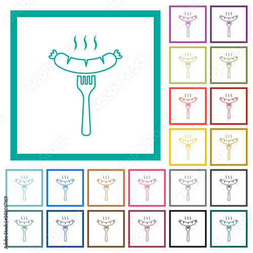 Grilled sausage on fork outline flat color icons with quadrant frames