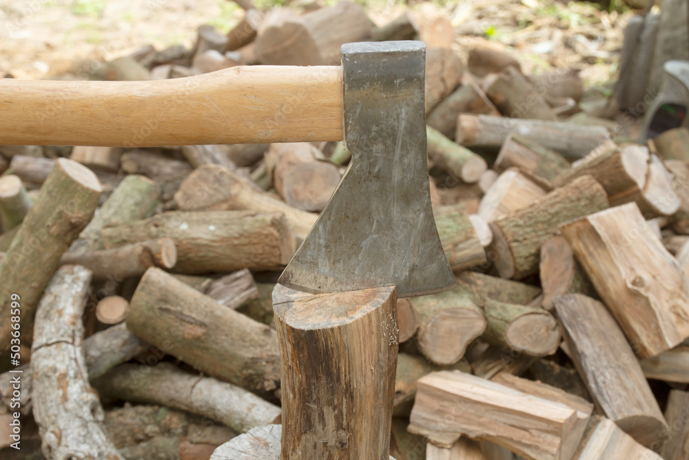The ax lies on the wood. Firewood chopping. Preparation of firewood for the winter. The ax lies on the wood. Firewood chopping. Preparation of firewood for the winter.
