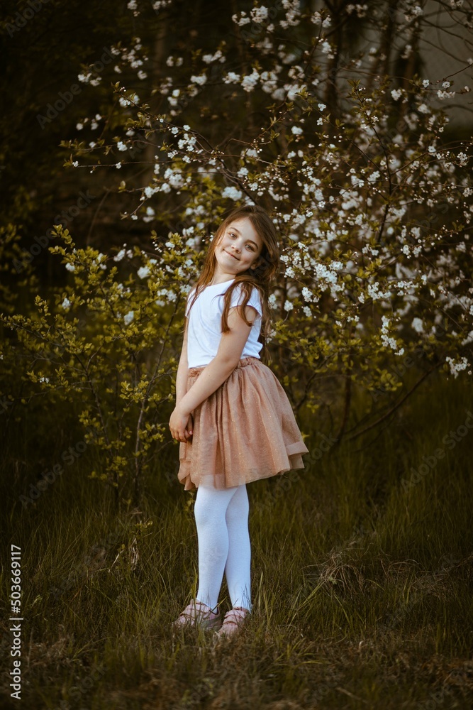 Radosna dziewczynka przy drzewach jabłoni  - obrazy, fototapety, plakaty 
