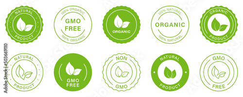 Gmo Free Silhouette Icon. Non Gmo, Vegan Food Glyph Green Badge. Healthy Symbol Set. Organic Bio Product Label. 100 Percent Ecology Natural. Eco Stamp Logo. Isolated Vector Illustration