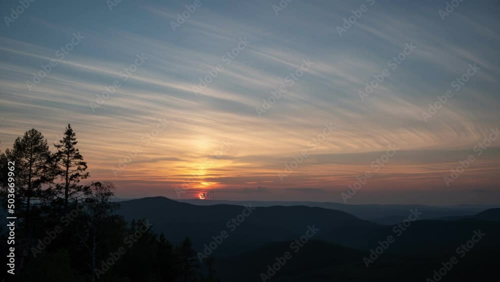 Beautiful sunset over Ural mountains. Sky with clouds time lapse Beautiful sunset over Ural mountains. Sky with clouds time lapse