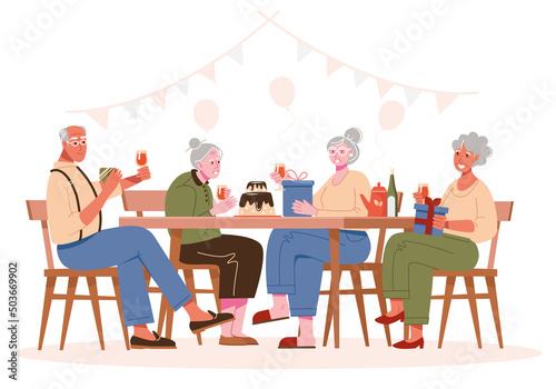 An elderly grandmother celebrates her birthday with family or friends. Gifts and congratulations. Vector illustration.