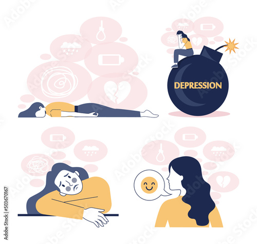 Depression concept set. Mental disorder, feeling of despair and helplessness.