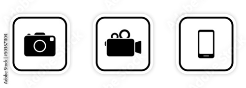 Photo Video Camera Recording Black Silhouette Icon Set. Camcorder Mobile Smart Cell Phone Pictogram. Digital Smartphone Video Photo Camera Symbol on White Background. Isolated Vector Illustration