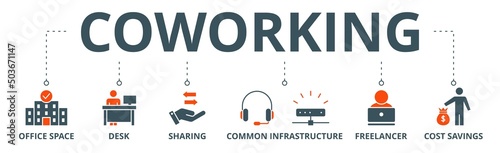 Coworking banner web icon vector illustration concept with icon of office space, desk, sharing, common infrastructure, freelancer, and cost savings