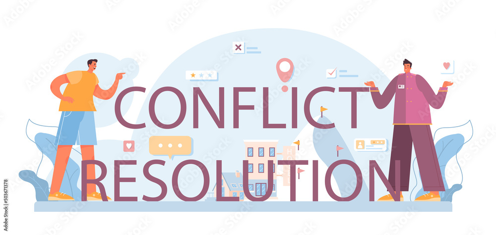 Conflict resolution typographic header. Vacation organization agency.