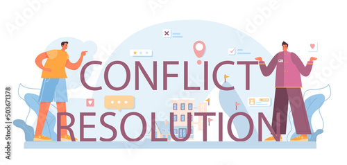 Conflict resolution typographic header. Vacation organization agency.