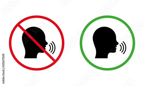 Man Talk Black Silhouette Icon Set. Forbidden Speak Zone Red Round Sign. Allowed Speak Area Shout Green Symbol. Please Keep Silence. Ban Warning No Loud Noise. Isolated Vector Illustration